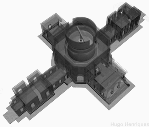 Modelo do OAL com a disposição das salas de observação no piso térreo e a cúpula giratória no topo.
